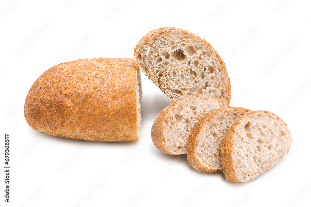 Freshly baked craft bread with cereals. Whole loaf and sliced.	
