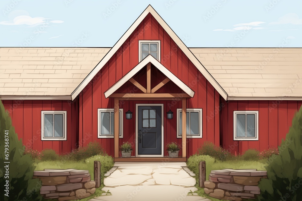 close-up shot of a red gabled entry of a farmhouse, magazine style illustration close-up shot of a red gabled entry of a farmhouse, magazine style illustration