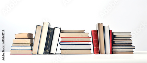 Pile of used books. Many books placed on each other. Studio photograph, against white background. photo
