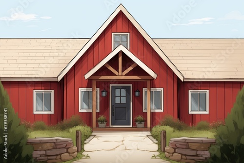 close-up shot of a red gabled entry of a farmhouse, magazine style illustration