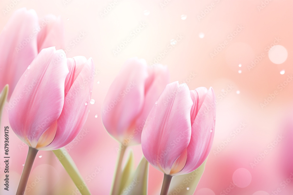 Obraz premium Delicate pink tulips on a blurred background, with bokeh for poster, wallpaper and postcard.