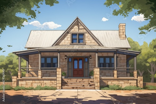 sandstone farmhouse showcasing a high gabled front entry, magazine style illustration
