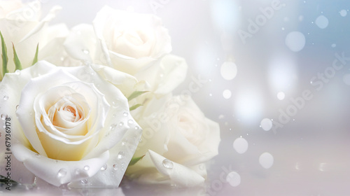 Three delicate white roses on a blurred background with bokeh