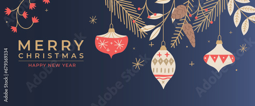 hand drawn christmas background with florals ornaments vector design illustration
