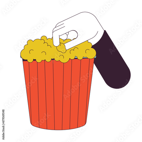 Grabbing popcorn out bucket linear cartoon character hand illustration. Taking popcorn from box striped square outline 2D vector image, white background. Eating fastfood editable flat color clipart