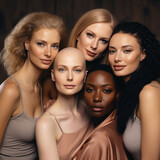Friends, communication, company of five beautiful girls together, one bald without hair, one ethnic African, close-up portrait 