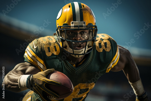 Close-up of professional American football player running with the ball across the stadium field. Determined, powerful, skilled African American athlete ready to win the game. Blurred background.