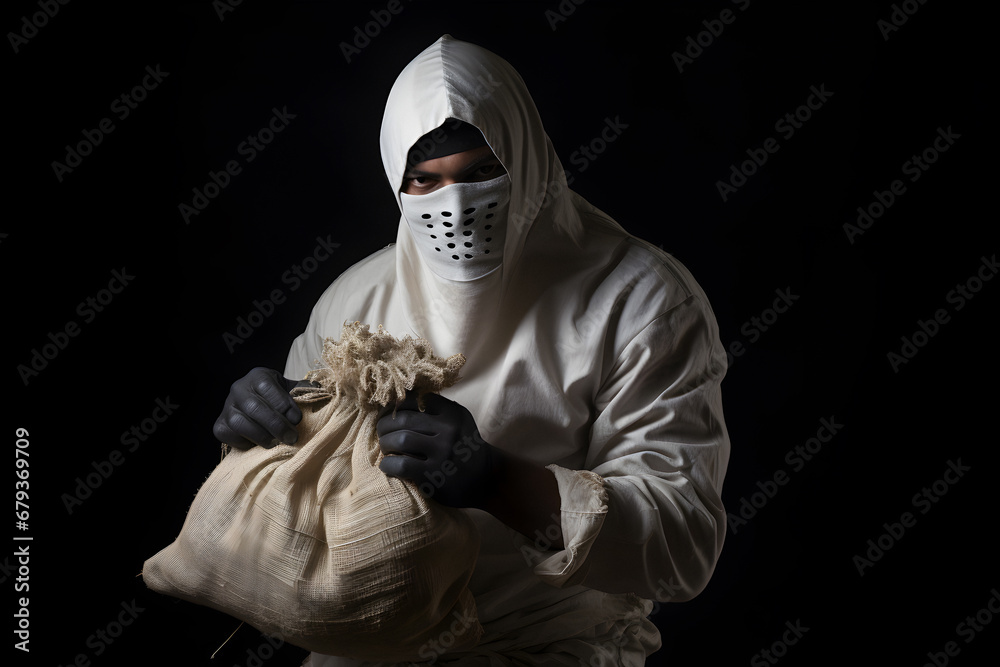 house robbery, stolen goods, street thief, Robber bag money, black balaclava, Urban thief - obrazy, fototapety, plakaty 