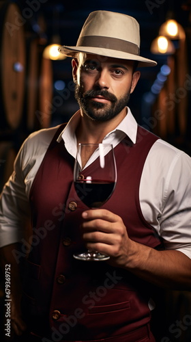 Close up of a young sommelier holds a glass of red wine in a cellar, a wine expert in a white shirt and apron, the waiter offers wine.Sommelier tasting wine Concept. Generative ai