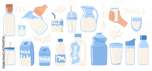 Milk set in different packages, glass, cardboard, bottle, milk box, glasses, decanter. Dairy drops and splash. National dairy month. Vector illustration in doodle style