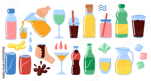 Soda bottled drinks set. Soft drink cans and bottles  fizzy canned drinks  soda and juice beverages in plastic  glass and tin. Drops  ice cubes and splash. Vector illustration in doodle style 