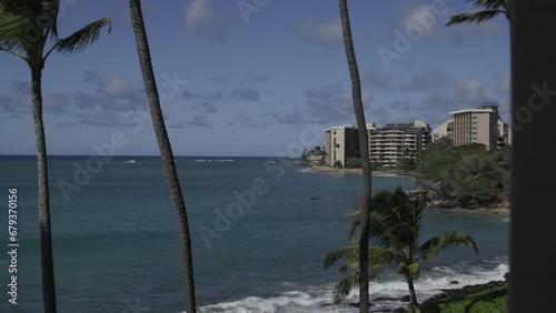 Hotel resort along beach with palms blowing in the wind maui hawaii (ID: 679370156)