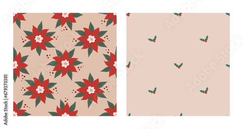 Seamless pattern set with bold red poinsettia and holly. Christmas and New Year concept. Hand drawn vector texture for wallpaper, prints, wrapping, textile