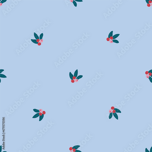Simple seamless pattern with abstract winter floral on light blue background. Hand drawn vector texture for wallpaper, prints, wrapping, textile