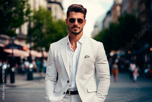 Man with white suit and sunglasses standing on the street