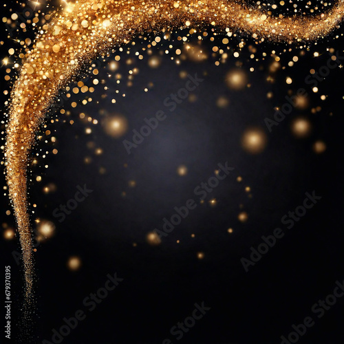 Shiny flow of glitter particles and bokeh golden shiny background on dark backdrop  