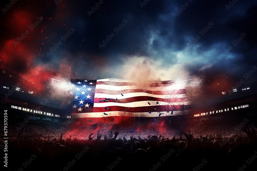 Patriotic Night Vista: Witness the Dazzling Display at the Nighttime Stadium, Painted in USA Flag Colors, Illuminated by Huge Spotlights, With Smoke, Fog, and Flames Lighting up the Sky