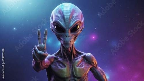 A friendly alien shows the peace sign with his hand.