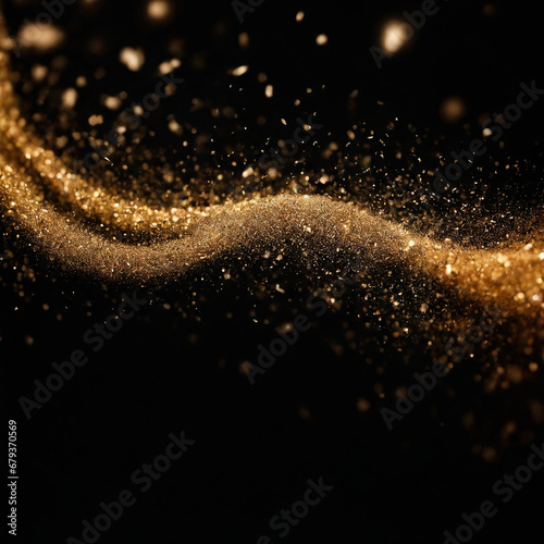 Shiny flow of glitter particles and bokeh golden shiny background on dark backdrop	
