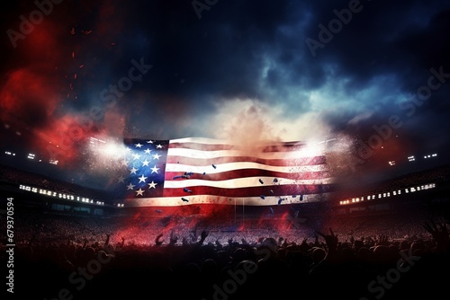 Patriotic Night Vista: Witness the Dazzling Display at the Nighttime Stadium, Painted in USA Flag Colors, Illuminated by Huge Spotlights, With Smoke, Fog, and Flames Lighting up the Sky