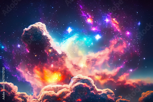Dichte Wolken aus bunten kräftig leuchtenden Galaxien aus Sternen und Planeten in einem dunklen unendlich weiten Universum. Hintergrund und Vorlage für Technik, Astronomie, Wissenschaft und Forschung © www.barfuss-junge.de