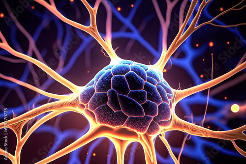 Nervenzelle abgestorben Close up Makro Aufnahme einer mit Vernetzungen im Gehirn, Impulse Synapsen und Informationen fließen zum denken und wahrnehmen humane Forschung und medizinische Wissenschaft photo