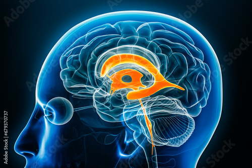 Photos Ventricles and cerebral aqueduct x-ray profile close-up view 3D rendering illustration with body contours