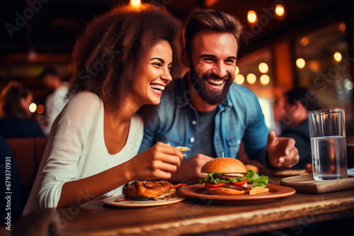 Multi-ethnic couple laughing while eating fast food in a restaurant
