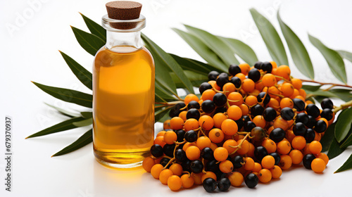 Sea buckthorn essential oil in a glass bottle with berries and leaves on a white background 