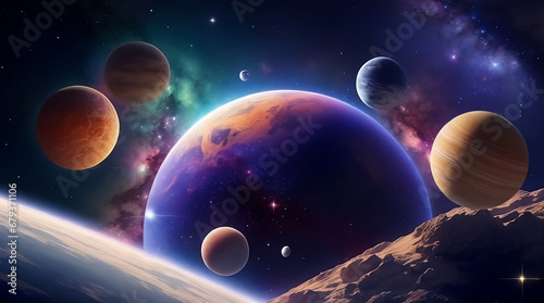 Planets in space against the background of a cosmic nebula and a cluster of stars 