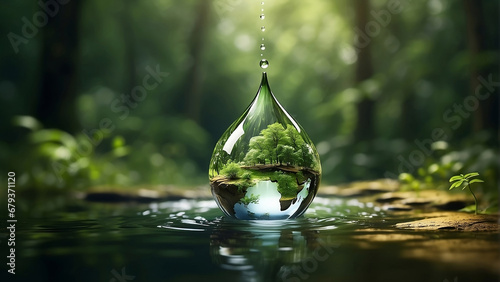 A drop of water with a green oasis of plants inside against the green of the forest, symbolizes nature, environmental disaster and climate change. The concept of conservation  #679371120