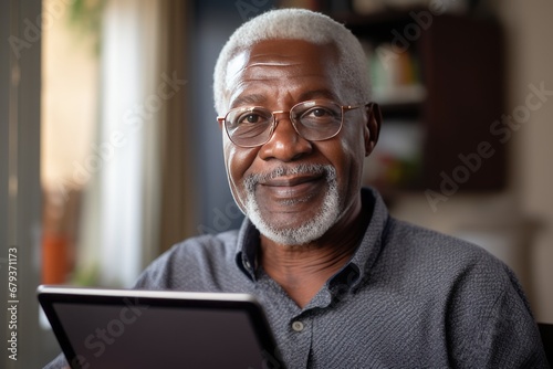 Cheerful senior grey-haired African American man in casual clothing uses digital tablet while sitting in armchair at home. Focused retired person browsing the Internet, watching news, reading e-book.