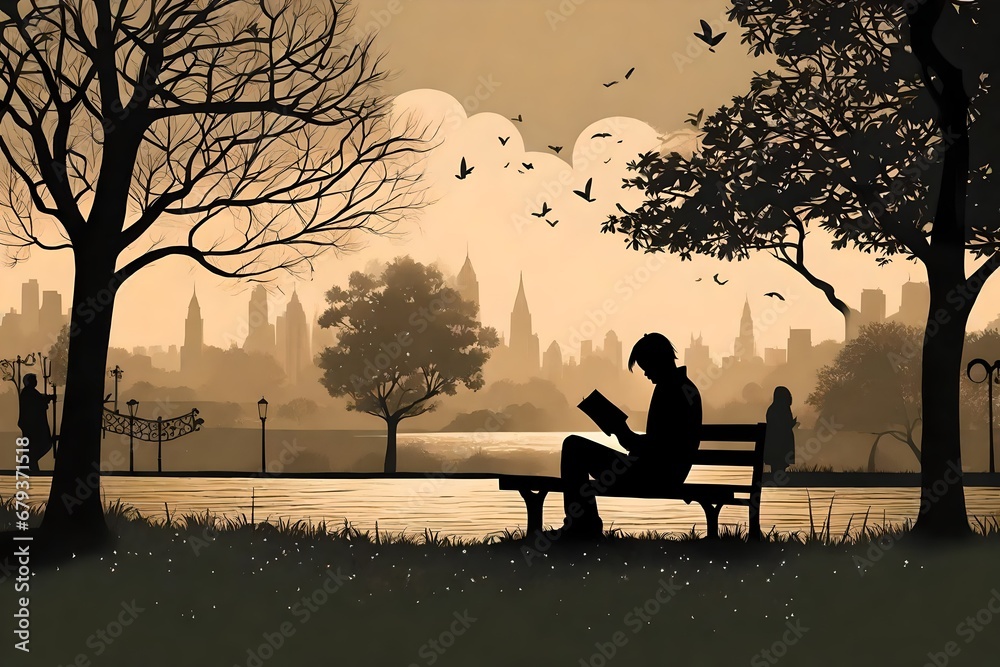 silhouette of A person reading on a park bench