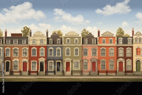 wide shot of georgian townhouses lined up, all with dentil molding, magazine style illustration