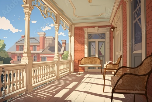 wide-angle shot of a georgian balcony with dentil molding, magazine style illustration