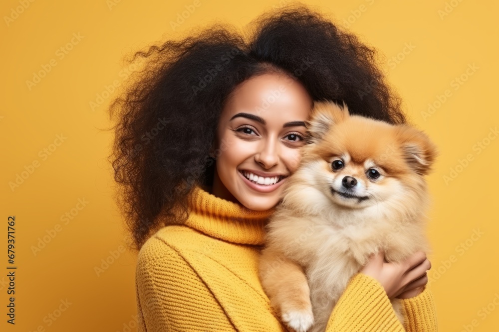 Portrait of smiling young woman with afro hairstyle in yellow sweater posing with cute Pomeranian spitz puppy. Happy girl hugging her beloved pet. Love between human and dog. Yellow studio background. Portrait of smiling young woman with afro hairstyle in yellow sweater posing with cute Pomeranian spitz puppy. Happy girl hugging her beloved pet. Love between human and dog. Yellow studio background.
