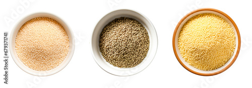 Three bowls set full of sesame seeds, couscous and hemp seeds. Isolated transparent background photo