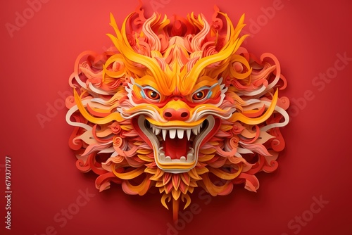 Papercut traditional Chinese Dragon head over red background. Chinese New Year concept