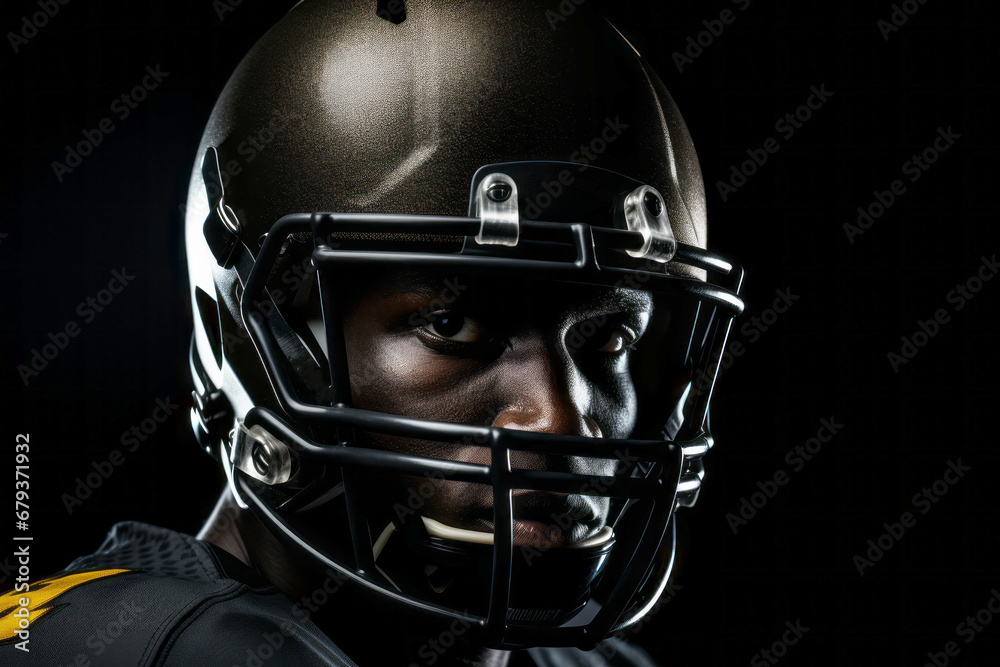 Close-up studio shot of professional American football player in black jersey. Determined, powerful, skilled African American athlete wearing helmet with protective mask. Isolated in black background. Close-up studio shot of professional American football player in black jersey. Determined, powerful, skilled African American athlete wearing helmet with protective mask. Isolated in black background.