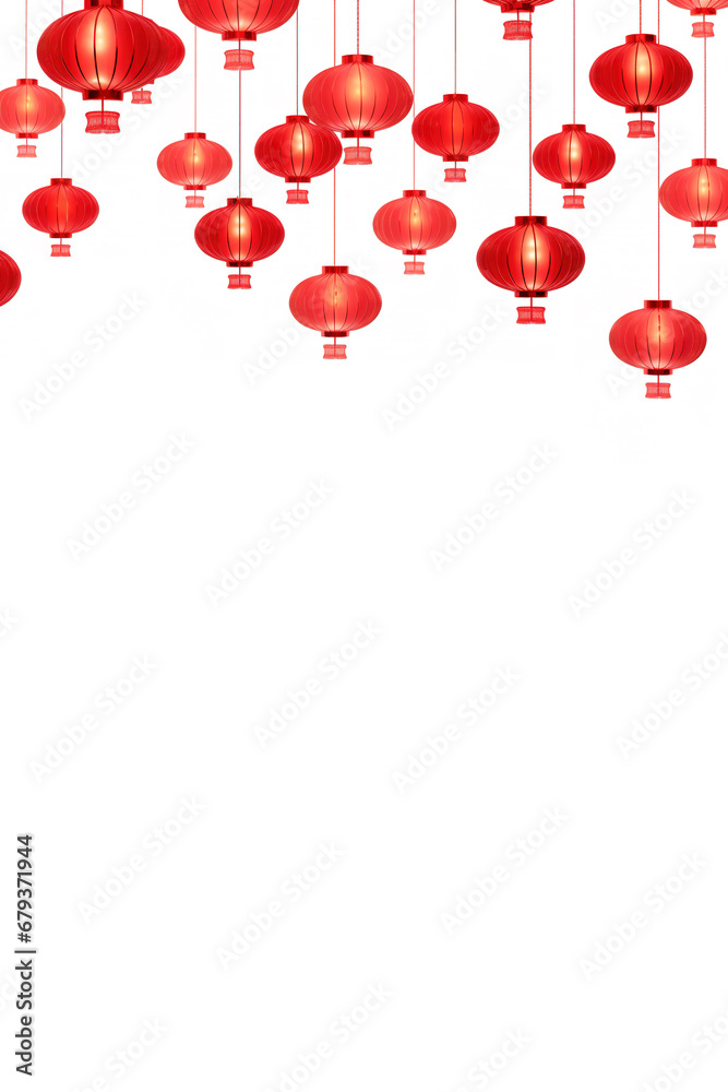 Traditional red paper lanterns over white backgorund. Vertical banner for copy space. Chinese New Year concept