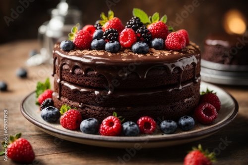 Close-up of a delicious beautiful chocolate cake decorated with strawberries, blackberries, raspberries, blueberries on the kitchen table. Holiday, birthday, congratulations, gift, surprise concept.