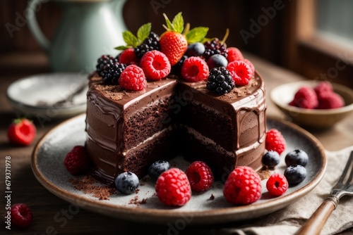 Close-up of a delicious beautiful chocolate cake decorated with strawberries, blackberries, raspberries, blueberries on the table.