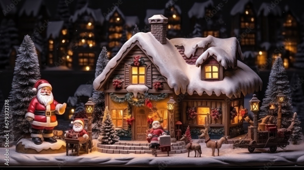 Santa Claus carries the gift in his hands and enters the children's house to leave gifts under the Christmas tree. Decorated Christmas House