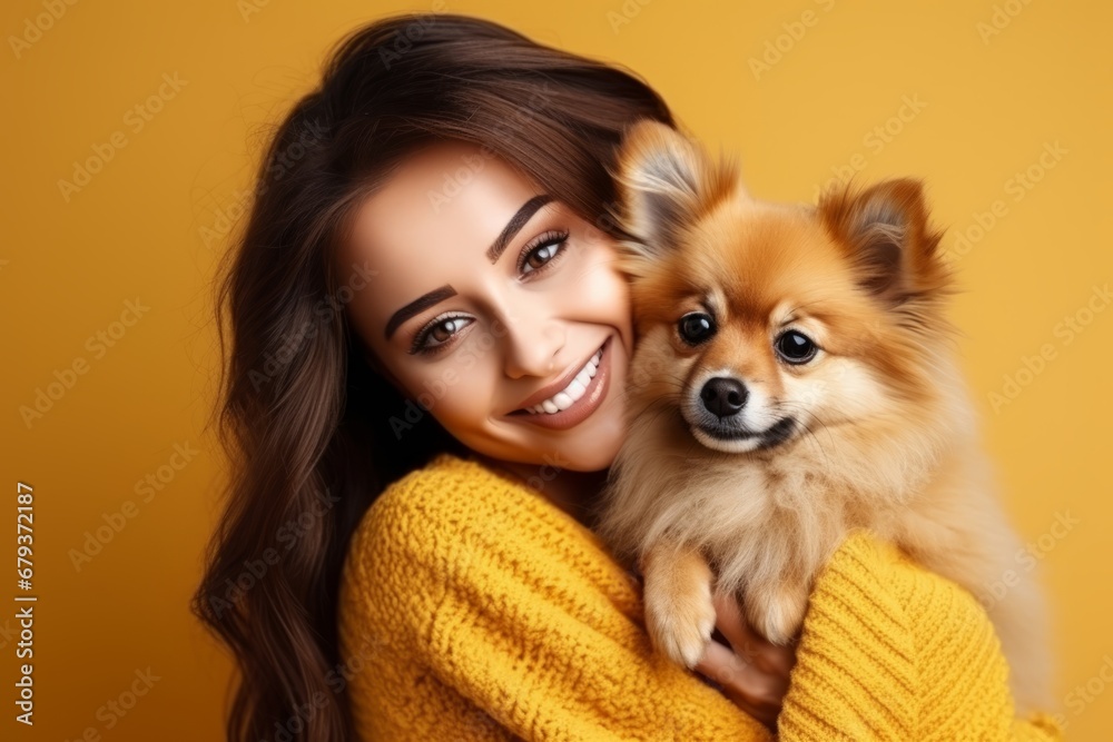 Portrait of smiling young Caucasian woman in yellow sweater posing with cute Pomeranian spitz puppy. Happy lady hugs her beloved pet. Love between human and dog. Yellow studio background, copy space. Portrait of smiling young Caucasian woman in yellow sweater posing with cute Pomeranian spitz puppy. Happy lady hugs her beloved pet. Love between human and dog. Yellow studio background, copy space.