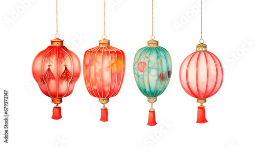 Colorful paper lanterns on isolated transparent background