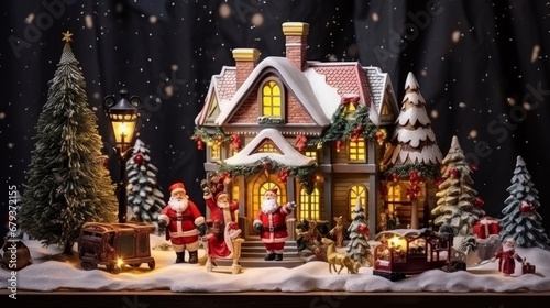 Santa Claus carries the gift in his hands and enters the children's house to leave gifts under the Christmas tree. Decorated Christmas House