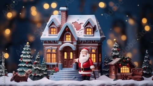 Santa Claus carries the gift in his hands and enters the children's house to leave gifts under the Christmas tree. Decorated Christmas House