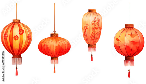 Traditional paper red lanterns over isolated transparent background