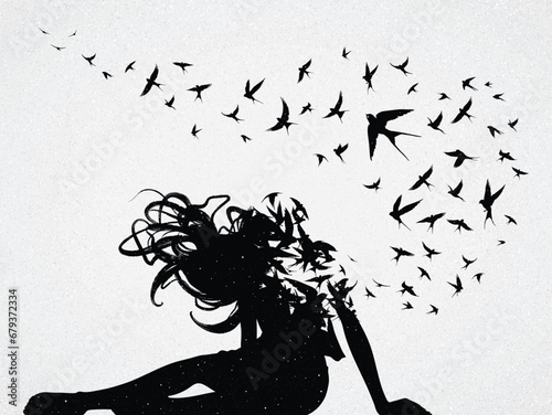 Lonely sitting woman. Depressed girl. Death and afterlife. Flying bird