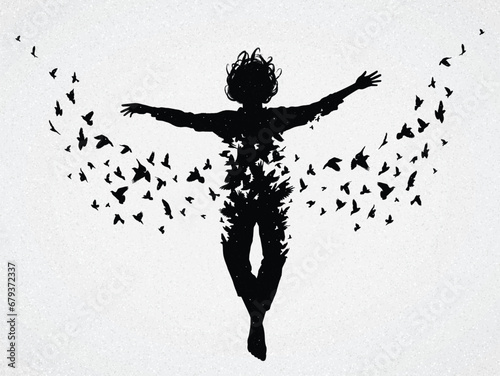 Flying man. Ascension to heaven, angel. Death, afterlife. Flying birds